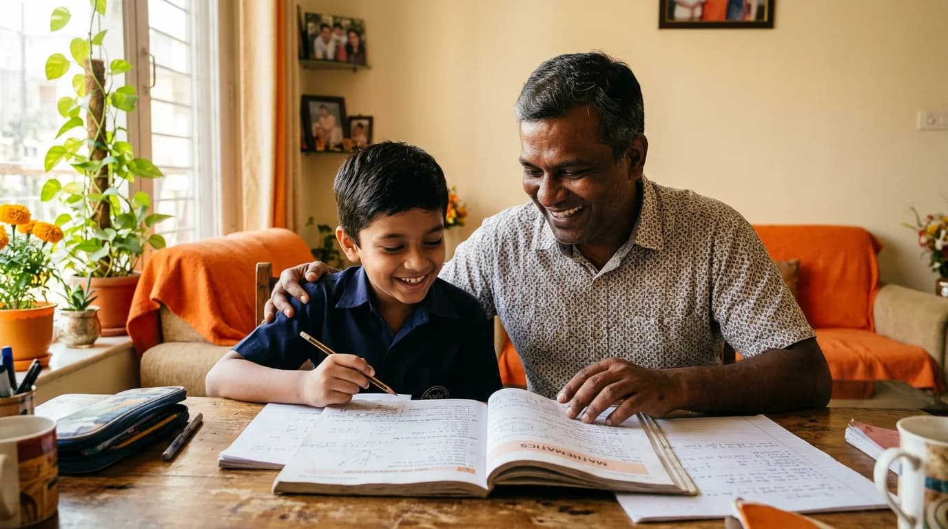 Indian parent and child learning together from a test book