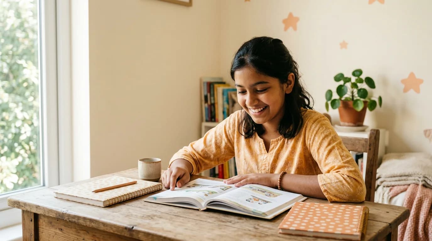 Indian student smiling while studying with a test book at home